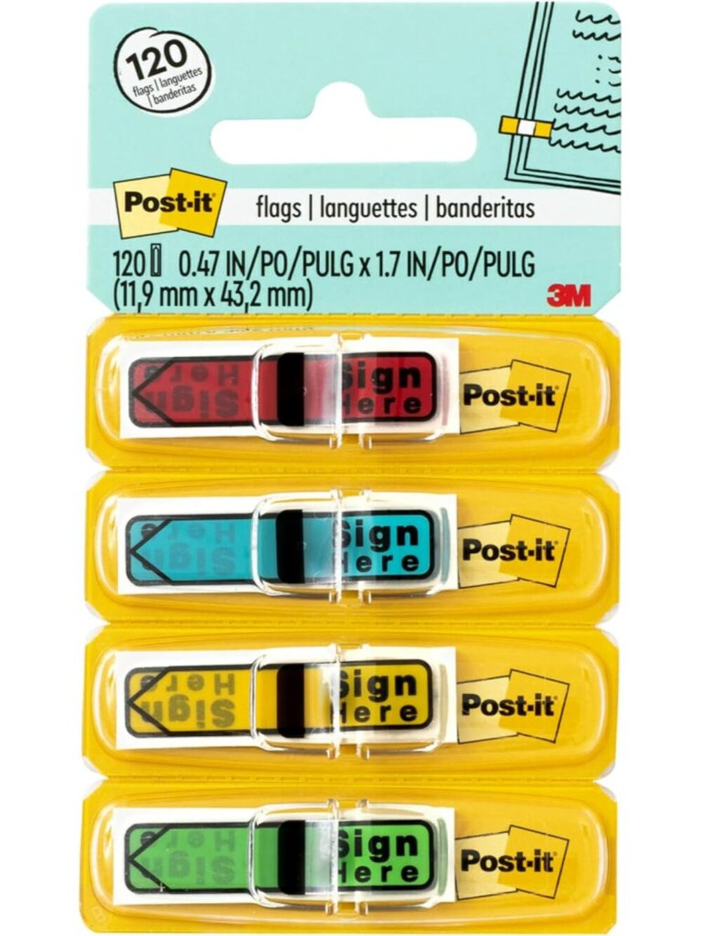 Message Flags, Sign Here, .47 x 1.7 in, Assorted Colors, 4 Pack